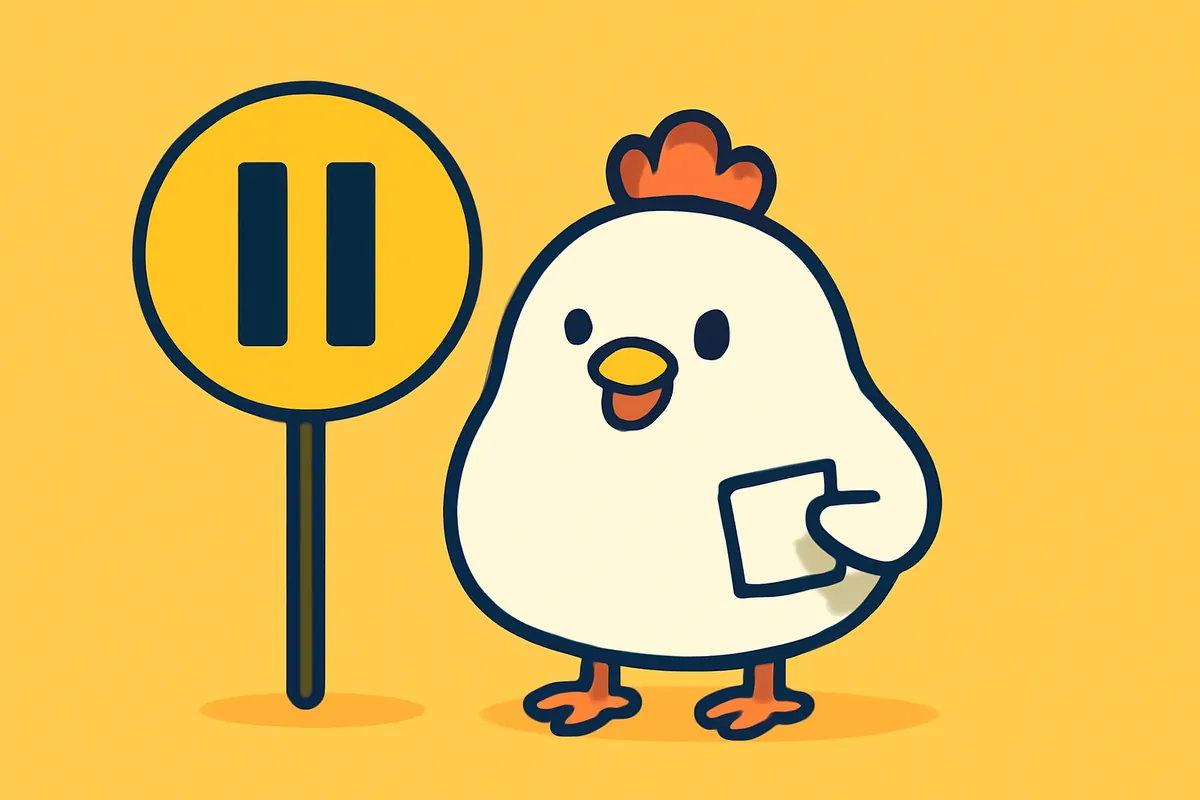 Illustration: Das Huhn hält an einem Pausenschild und überlegt, ob es aussteigt