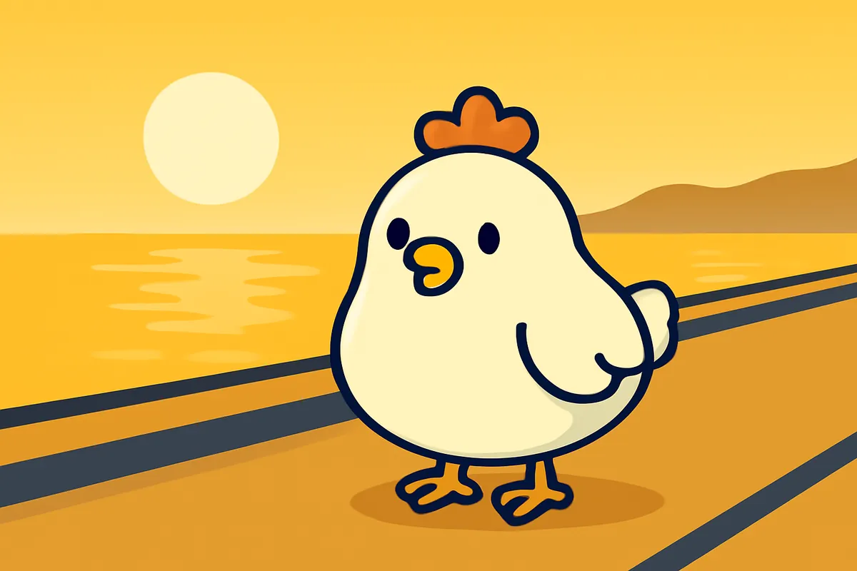 Illustration: Das Chicken-Road-Huhn unterwegs auf einer Landstraße