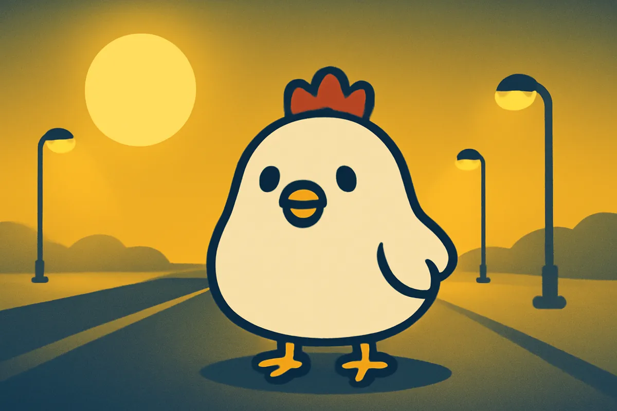 Illustration: Das Huhn auf einer Straße bei Nacht unter dem Mond