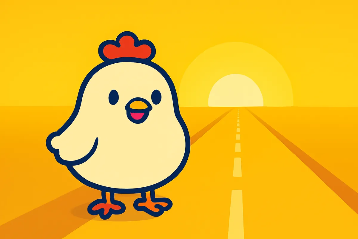 Illustration: Das Huhn steht am Anfang einer langen Landstraße bei Sonnenaufgang
